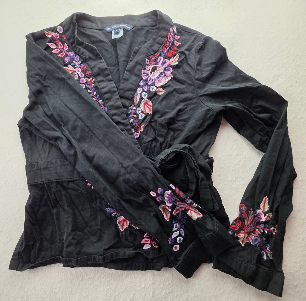 French Connection Embroidered Long Sleeve Floral Black Blouse Size 8